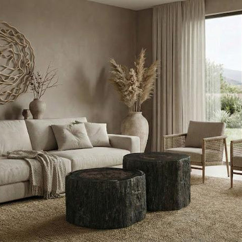 Table basse pétrifiée - Bois fossilisé noir & résine