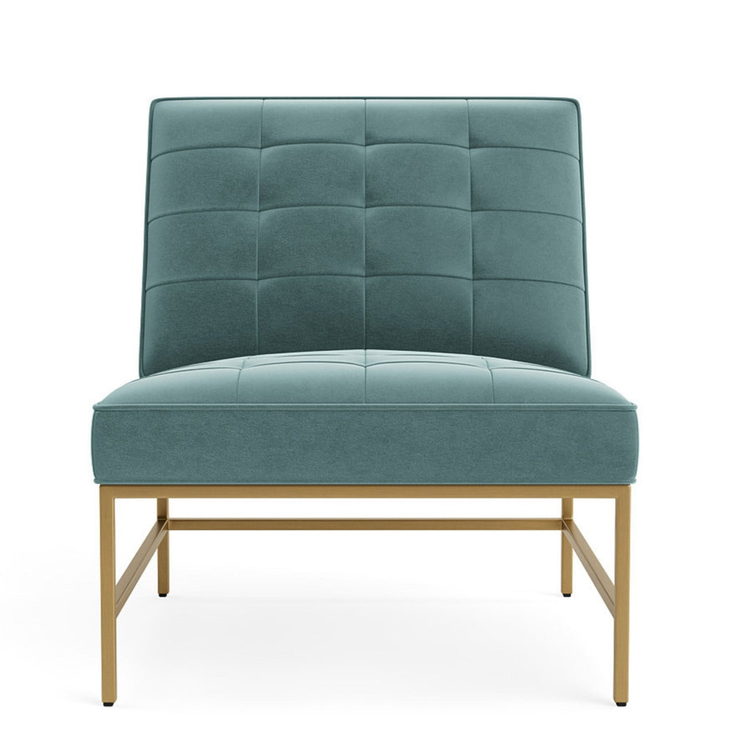 Fauteuil sans bras Collection Élysée en velours performance Vert Cachemire avec base métallique haut de gamme.
