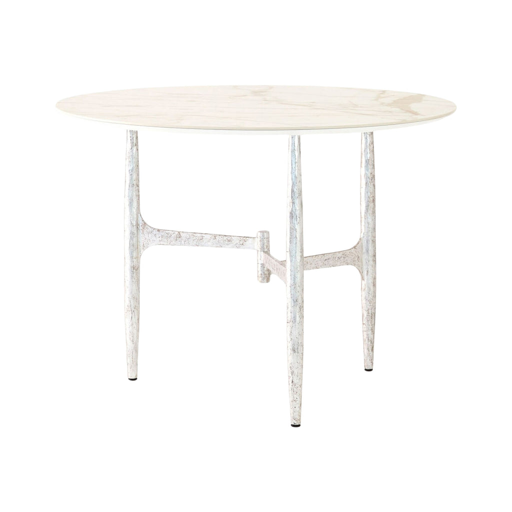 Table à manger ronde Redondo en céramique effet marbre blanc de 42 pouces avec piètement en fer finition feuille d'argent