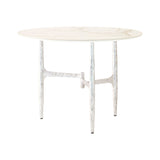 Table à manger ronde Redondo en céramique effet marbre blanc de 42 pouces avec piètement en fer finition feuille d'argent