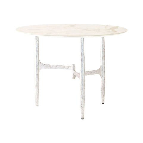 Table à manger ronde Redondo en céramique effet marbre blanc de 42 pouces avec piètement en fer finition feuille d'argent